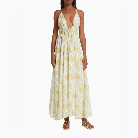 Kivari Claudia Floral Cotton Tie-Front Maxi Dress - Yellow Ditsy Kivari Claudia Floral Cotton Tie-Front Maxi Dress - Yellow Ditsy